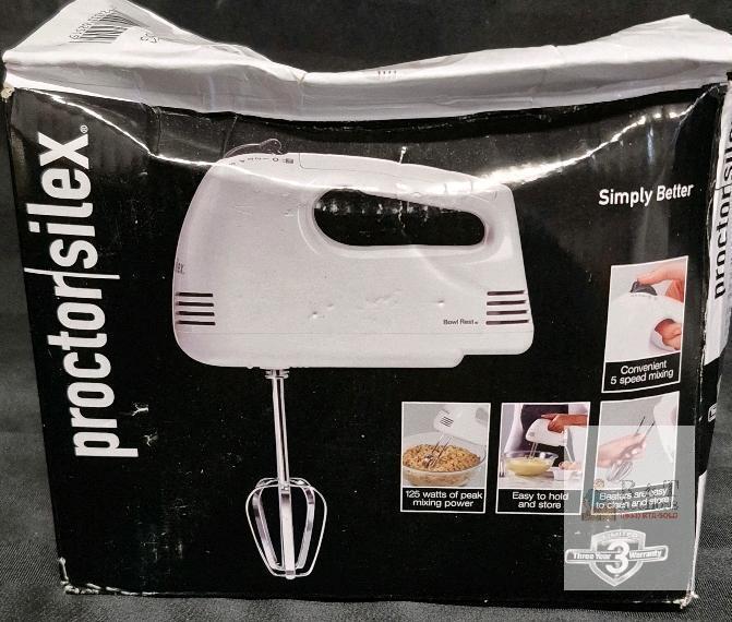 Proctor Silex 62515G 125W 5-Speed White Hand Mixer with Chrome Beaters and Bowl Rest Packaging has damage but product unaffected