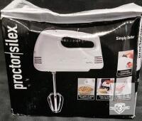 Proctor Silex 62515G 125W 5-Speed White Hand Mixer with Chrome Beaters and Bowl Rest Packaging has damage but product unaffected