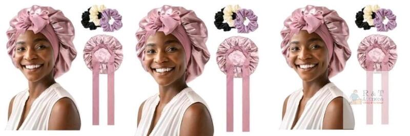 3 New AWAYTR 2 Layered Satin Bonnet for Women Tie Band Hair Bonnet for Sleeping Silk Sleeping Cap with 3PCS Hair Scrunchies<br/>