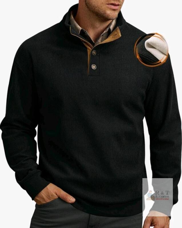 New - VOGstart Mens Sz. Large Corduroy Fleece-Lined Sweatshirts Winter Heavyweight Casual Fashion Button Pullover - Black