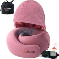 New LOLEX Hooded Pro Travel Pillow - Memory Foam Neck Support Pillow for Airplane, Flight - Super-Soft Cationic Fabric, Maximum Privacy & Light-Block Design, Lightweight Full Travel Kit - Rose Pink