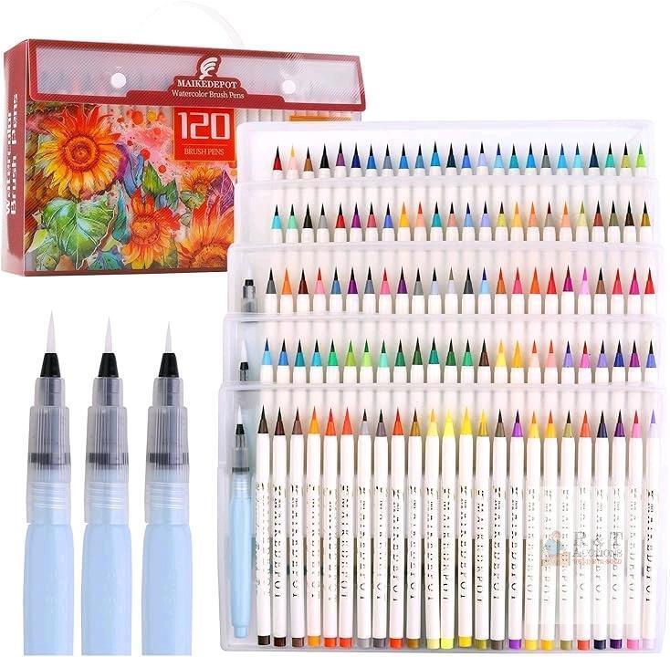New MAIKEDEPOT 120 Color Watercolor Brush Pen Set, Water-Based, Brush Tip, Case, Non-Toxic