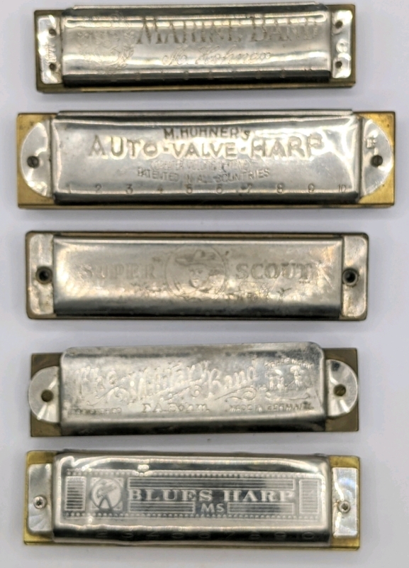 5 Vintage Harmonicas: M. Hohner (G), M. Hohner (G), Magnus, F.A. Bohm's (G), Hohner Blues Harp.