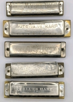 5 Vintage Harmonicas: M. Hohner (G), M. Hohner (G), Magnus, F.A. Bohm's (G), Hohner Blues Harp.