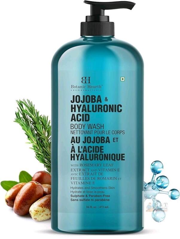 New Botanic Hearth Jojoba & Hyaluronic Acid Body Wash | Shower Gel - 16 fl oz with Sea Butter & Sweet Almond Oil | Moisturizing Body Wash Shower Gel for Softer, Smoother Skin | Sulfate & Paraben Free