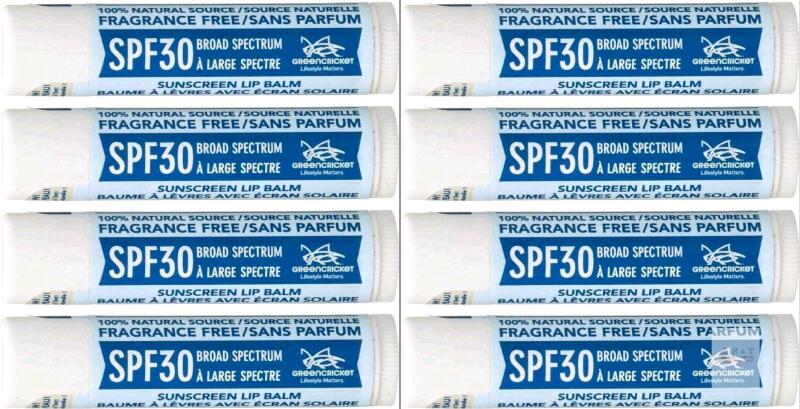 8 New GREEN CRICKET Clear SPF 30 Fragrance Free /Unscented Lip Balm, 4.2g ea, Made in Canada, exp 09/2027