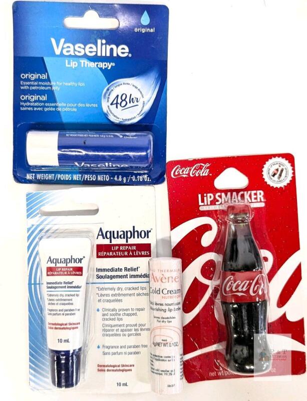 4 New Lip Repair, Lip Treatment & Lip Balms: Aquaphor, Vaseline, Av&egrave;ne (exp 2028) & Lip Smackers Coca-Cola