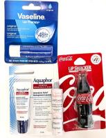 4 New Lip Repair, Lip Treatment & Lip Balms: Aquaphor, Vaseline, Av&egrave;ne (exp 2028) & Lip Smackers Coca-Cola
