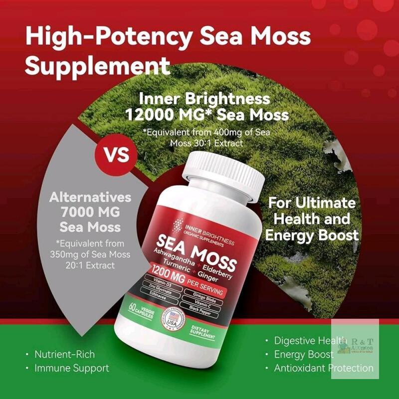 New All-in-1 Sea Moss Advanced , Ashwagandha Elderberry Turmeric Ginger Supplement, 1200mg l, 60 Caps [Unknown EXP Date]