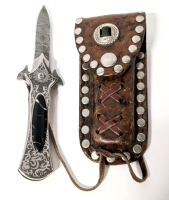 Fantasy Folding Knife /Dagger MC-A047 by Masters Collection with Leather-like Belt Sheath.
