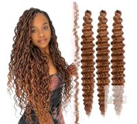 New - FESHFEN 3-Pack Deep Wave Crochet Hair Extensions - Auburn Ocean Wave Braiding for Black Women Synthetic Wavy Curly Boho Goddess Braids Extension, 22 inch Long