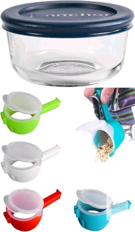 New Anchor Hocking 1-Cup Snugfit + Glass Storage & 4Pcs Bag Clip with Pour Spout, Snack Clips That Pour, Reusable Food Pour Spout Clip, Food Storage Bag Sealing Clip, Plastic Cap Sealer Clip, Household Moisture Bag Clips for Food Organization