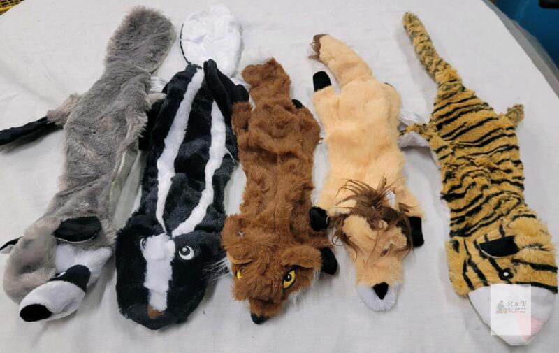Five (5) New Animal Plush Squeaky Dog Toys . Measures 12" to 18" long