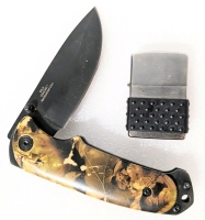Half Zip Guard ZIPPO Lighter Made in USA & Maxam SKBLCAM Camouflage Handle Liner Lock Knife.