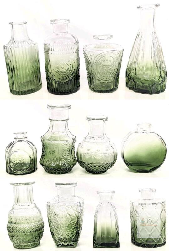 New 12pc Green Gradient Retro Glass Mini Bud Vases Up To 5.75" Tall