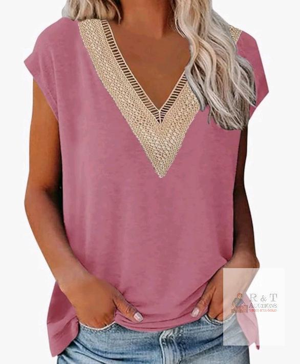 New - Ranphee Women's Sz. Large Coral Summer Lace Trim V-Neck Top .