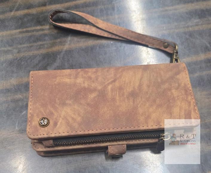 new Brown PU Leather Wallet Case with Card Slots & Zipper Pocket for iPhone 14, Wrist Strap