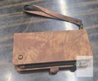 new Brown PU Leather Wallet Case with Card Slots & Zipper Pocket for iPhone 14, Wrist Strap