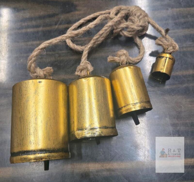 new Rustic Set of 4 Hanging Metal Cowbells with Jute Rope, Decorative Golden Finish, 22" Length