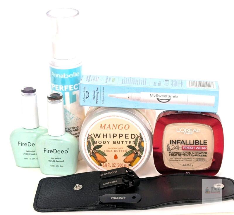 Personal Care and Cosmetics Lot &ndash; L'Oreal Powder, Annabelle Setting Mist, MySweetSmile, Nail Kit