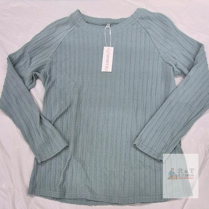 WNEEDU Women&rsquo;s Cable Knit Crew Neck Pullover Sweater, Light Blue, Large, New with Tags
