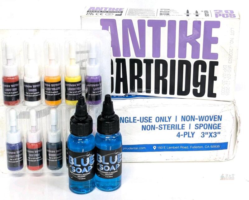 New Tattoo Practice Supplies: 19pcs Antike Tattoo Needles, 2pc Tattoo Supply BLUE SOAP 1 oz Cleaning Soothing Healing Solution (Concentrated) , 10pc Lastjudg Tattoo Inks, JMU Non-Woven Sponges 4-Ply 3" &times; 3" [exp 2030]