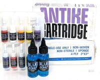 New Tattoo Practice Supplies: 19pcs Antike Tattoo Needles, 2pc Tattoo Supply BLUE SOAP 1 oz Cleaning Soothing Healing Solution (Concentrated) , 10pc Lastjudg Tattoo Inks, JMU Non-Woven Sponges 4-Ply 3" &times; 3" [exp 2030]