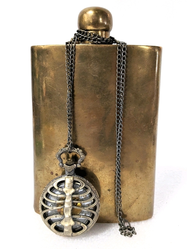 Silver Plate Flask & Skeletal Rib Cage Pocket Watch.