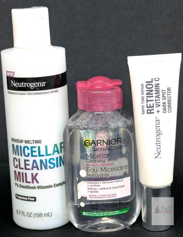 Neutrogena Micellar Cleansing Milk 6.7 fl oz, Garnier Micellar Water 3.4 fl oz, Neutrogena Retinol Dark Spot Corrector Note: Online returns. Volumes may be lower than listed