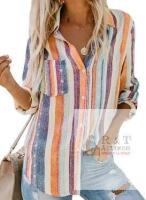 New - Astylish Womens Sz. Medium V Neck Striped Roll up Sleeve Button Down