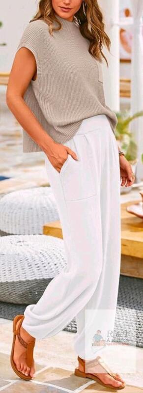 New sz Large Womens Two Piece Outfits Sweatsuits Sets Knit Pullover Tops High Waisted Pants LoungeWear Tracksuit Matching Setss( Khaki White,L)