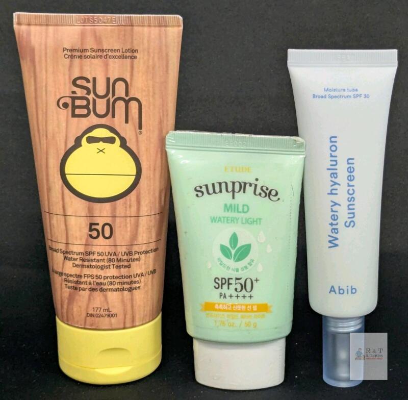 Sun Bum SPF 50, Etude Sunprise SPF 50+ PA++++, Abib Hyaluron SPF 30 Sunscreen Lot, 2027/2028 Exp Note: Online returns. Volumes may be lower than listed