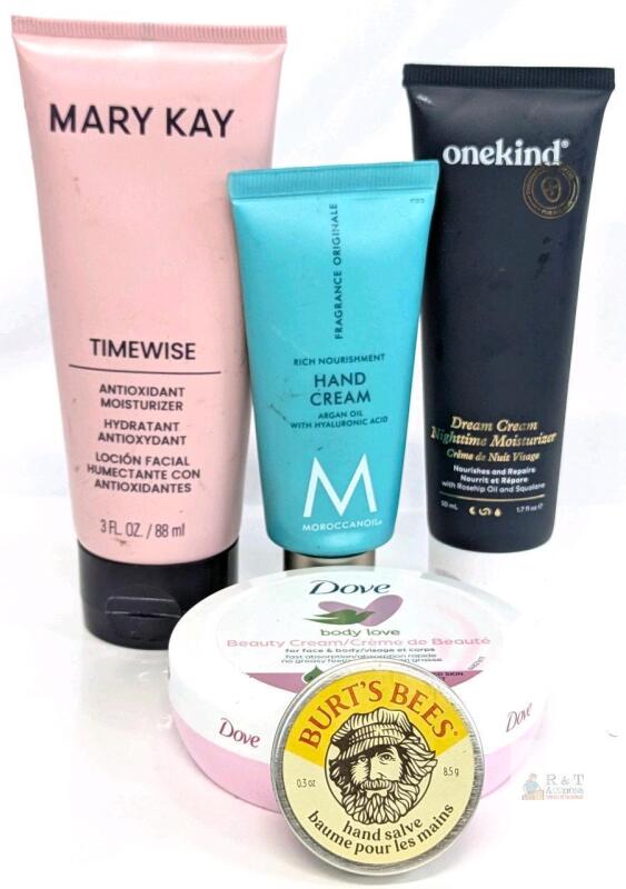 Assorted Skincare Lot: Mary Kay, Dove, Onekind, Moroccanoil, Burt&rsquo;s Bees | Face, Hand, Body Creams Note: Online returns. Volumes may be lower than listed
