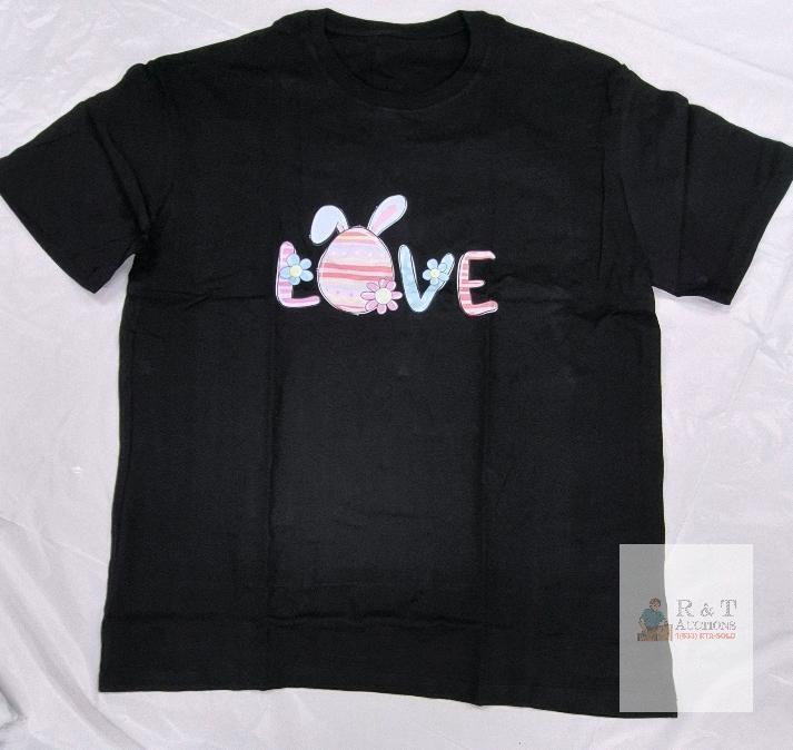 NEW XL Black Happy Easter Graphic T-Shirt 100% Cotton Bunny LOVE Crew Neck Short Sleeve