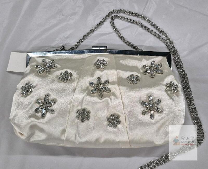 NEW Elegant White Satin Evening Clutch with Rhinestone Embellishments and Silver Chain Strap