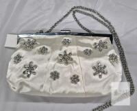 NEW Elegant White Satin Evening Clutch with Rhinestone Embellishments and Silver Chain Strap