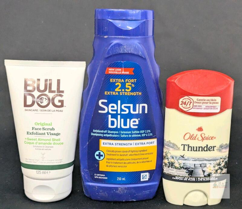 Bulldog Face Scrub 125ml, Selsun Blue Extra Strength Shampoo 250ml, Old Spice Thunder Deodorant Note: Online returns. Volumes may be lower than listed
