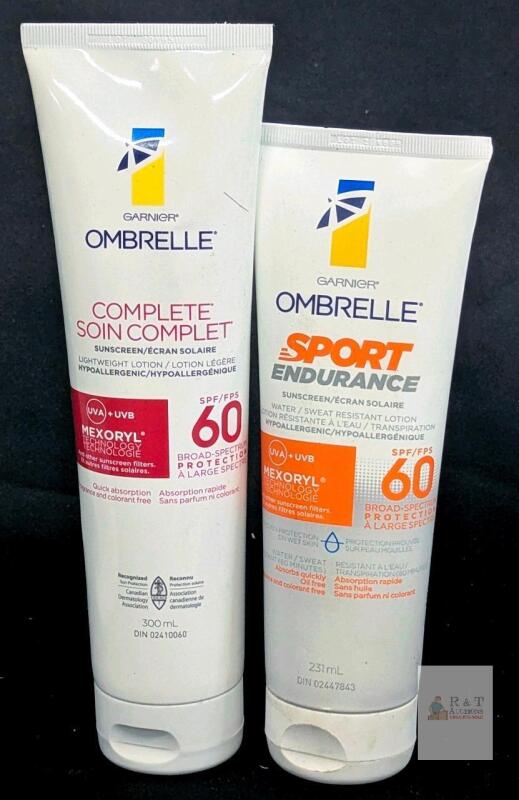 Garnier Ombrelle SPF 60 Sunscreens: Complete 300mL & Sport Endurance 231mL, 2027/2025 Expiry Note: Online returns. Volumes may be lower than listed