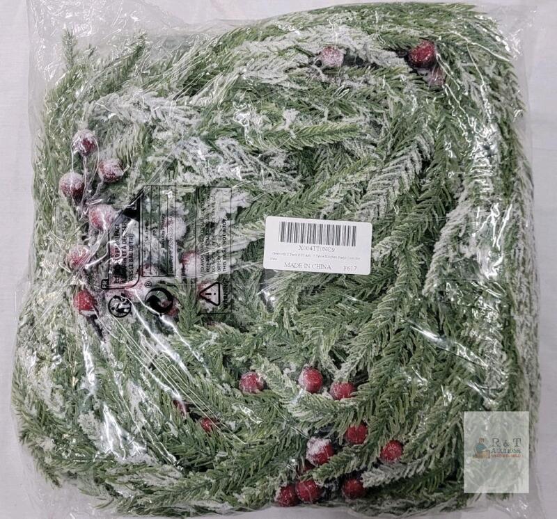 Two (2) New 6ft. Artificial Holiday Frosted Garland w/Red Berries