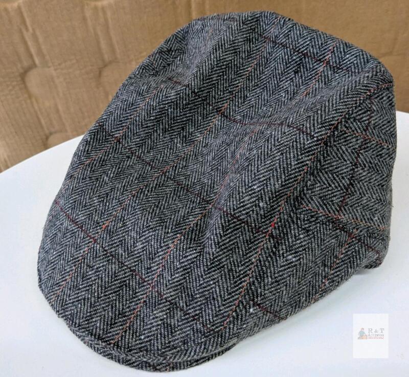 new Grey Herringbone Wool Blend Flat Cap, Ivy Newsboy Style, Classic Tweed Pattern, Fitted, Size M Est.