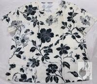 NEW XXL Unisex Scrub Top, White with Black Floral Print, Short Sleeve, 2 Front Pockets