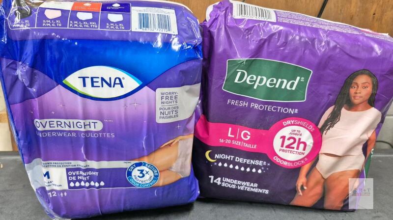 Depend Night Defense Large 14ct & Tena Overnight Medium 12ct, High Absorbency, Odor Control, Sealed