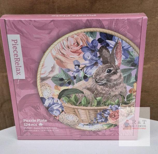 PieceRelax PL1009 Puzzle Plate, 124pcs, Easter Bunny Flowers, 8.9", Stand & Hook Included