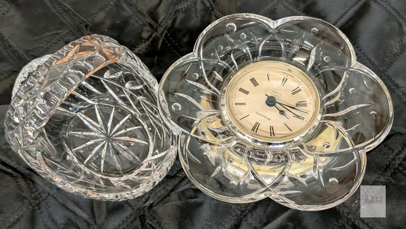Stavean Cut Crystal Desk Clock and Matching Bowl, Quartz Movement, Ornate Floral Design, 5.5"