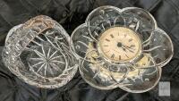 Stavean Cut Crystal Desk Clock and Matching Bowl, Quartz Movement, Ornate Floral Design, 5.5"