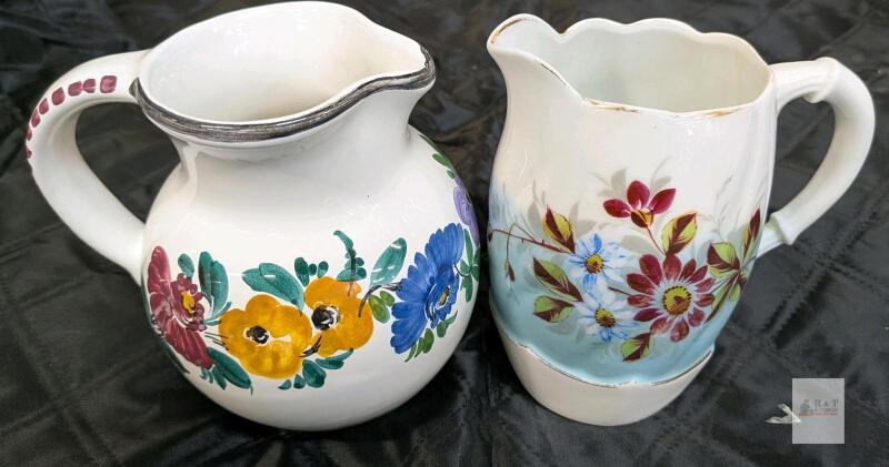 Vintage GLK Ceramic Italy and German Creamer Pitchers with Floral Designs, 5.5" Tall