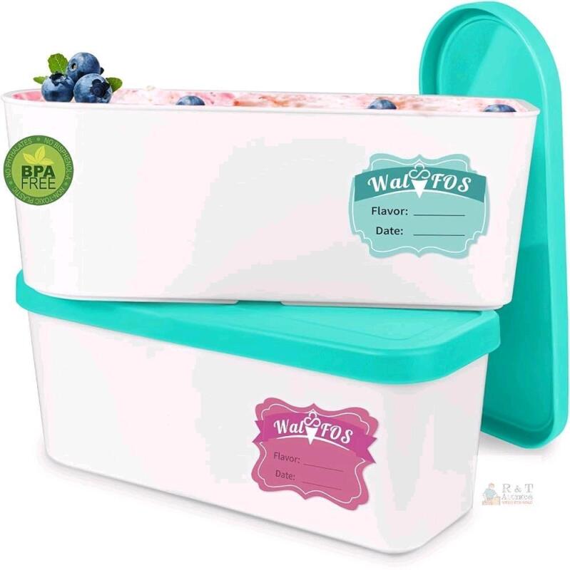 New 2-Pack Walfos Ice Cream Containers for Homemade Ice Cream - 1.6 Quart, Bonus Sealing Bands Keeping Lids Airtight, Reusable Ice Cream Tubs, Stackable Freezer Storage for Yogurt, Sorbet, Teal