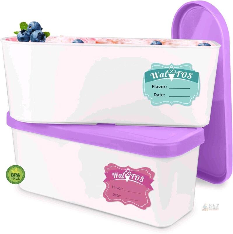 New 2-Pack Walfos Ice Cream Containers for Homemade Ice Cream - 1.6 Quart, Bonus Sealing Bands Keeping Lids Airtight, Reusable Ice Cream Tubs, Stackable Freezer Storage for Yogurt, Sorbet - Purple