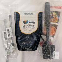 NEW Kitchen Utensil Set: Engraved Spoons, Baja Gold Sea Salt, MIWEVRO Meat Chopper