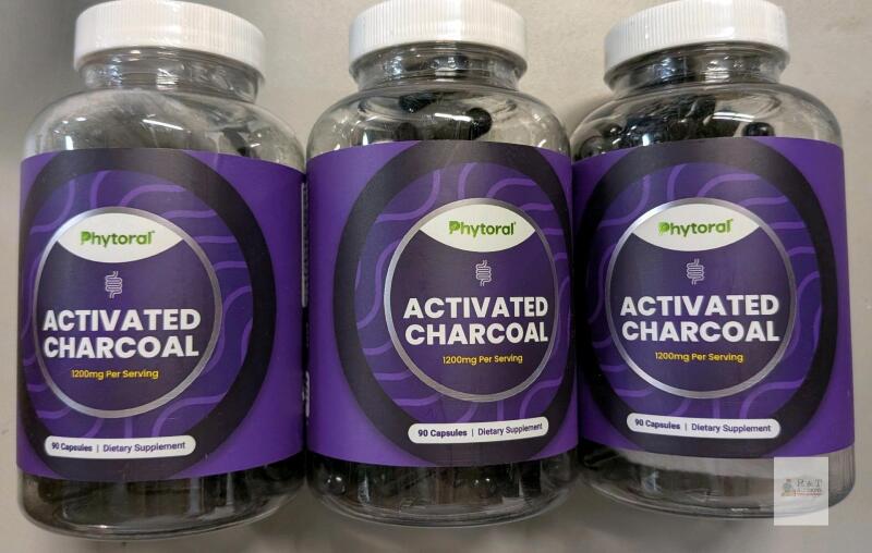 EXP 04/2026 Phytoral Activated Charcoal Capsules, 1200 mg per Serving, 90 Capsules per Bottle, 3-Pack